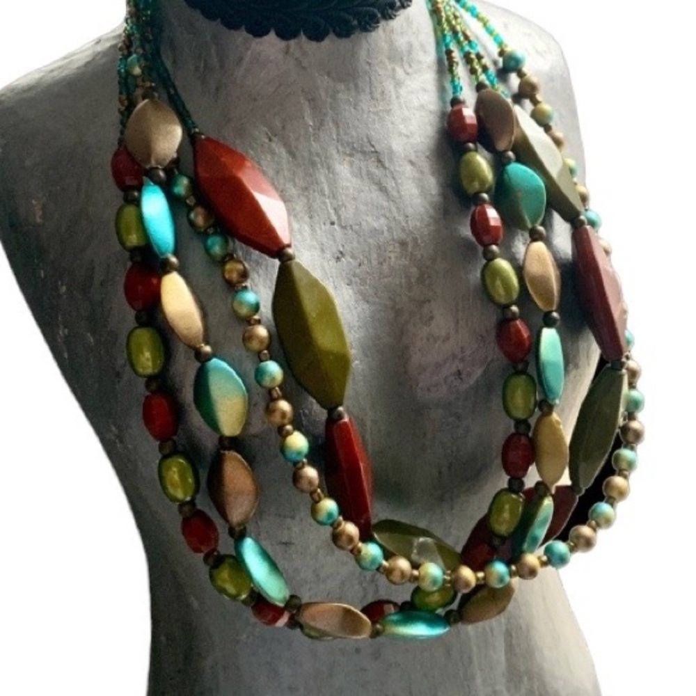 Vintage Four Strand Beaded Collar Necklace Woman’s Jewelry Frosted Blue Green
